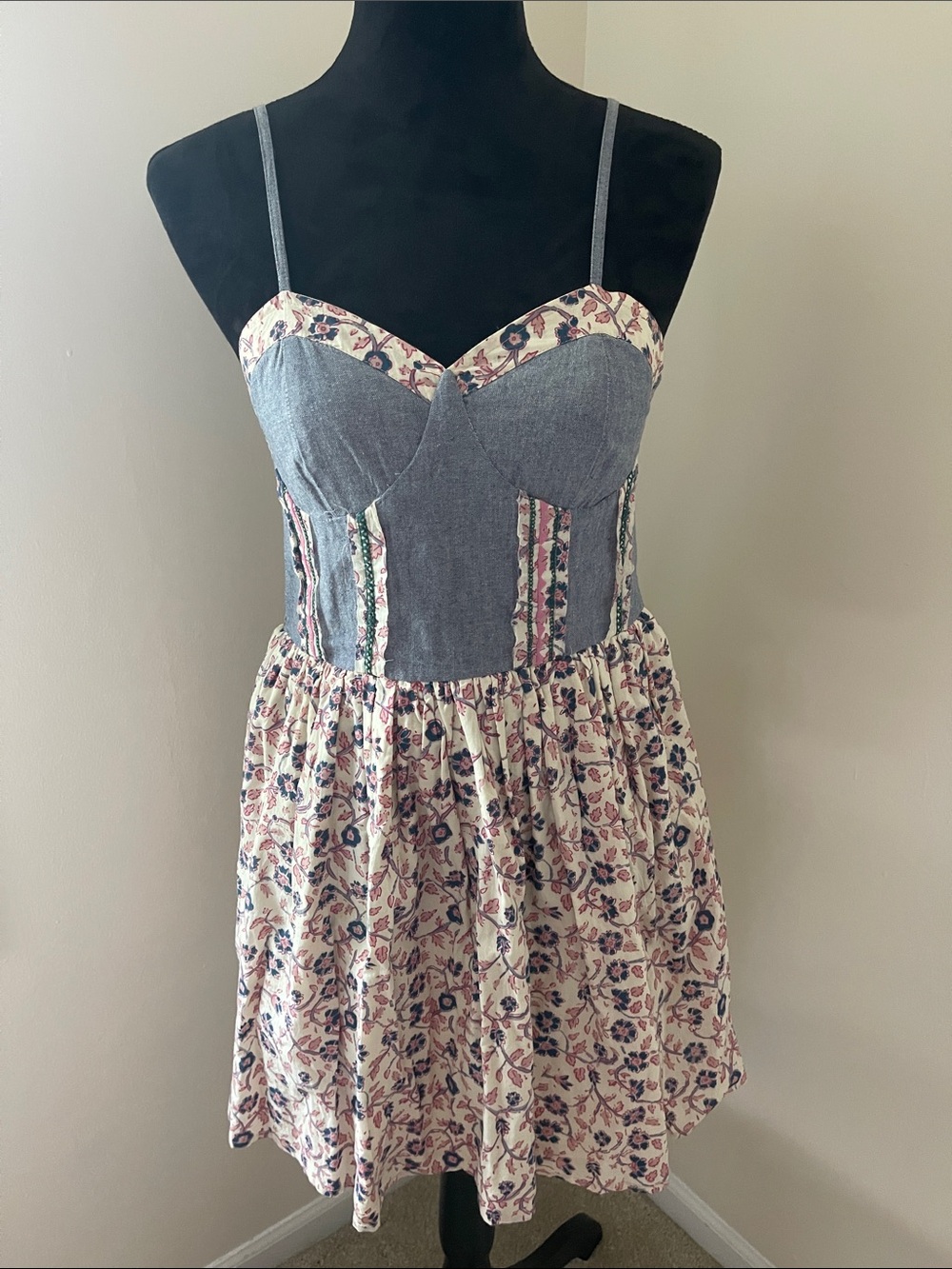 Band of Gypsies Blue Denim Bustier Floral Sun Dress